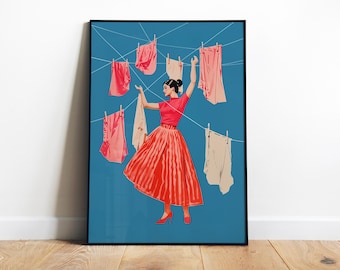 Blue and Pink Laundry Print Retro Bathroom Wall Art Laundry Room Decor Utility Digital Print Laundry Day Printable Poster Funny Wall Art