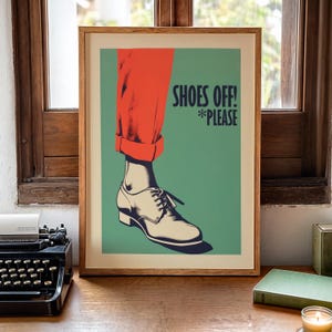 Retro vibe art print for your entrence decor, narrow hallway decor for any shoe free house, "Shoes off please", bright poster.