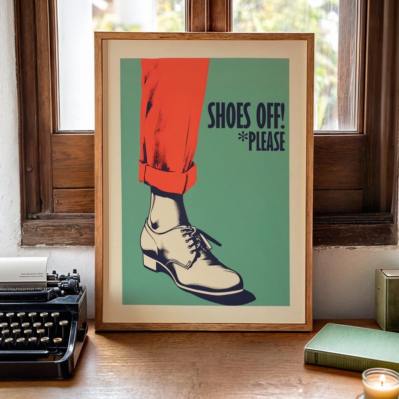 Retro vibe art print for your entrence decor, narrow hallway decor for any shoe free house, "Shoes off please", bright poster.