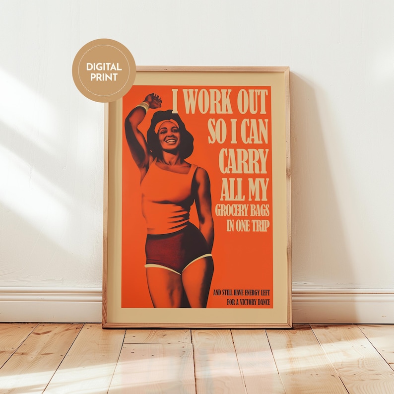 Orange retro vibe art workout poster with strong female figure and quote — motivational poster, gym wall art, home gym decor.