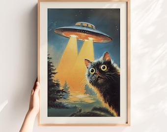 エイリアンと猫のウォールアート - UFOの笑顔の猫、レトロSFアート