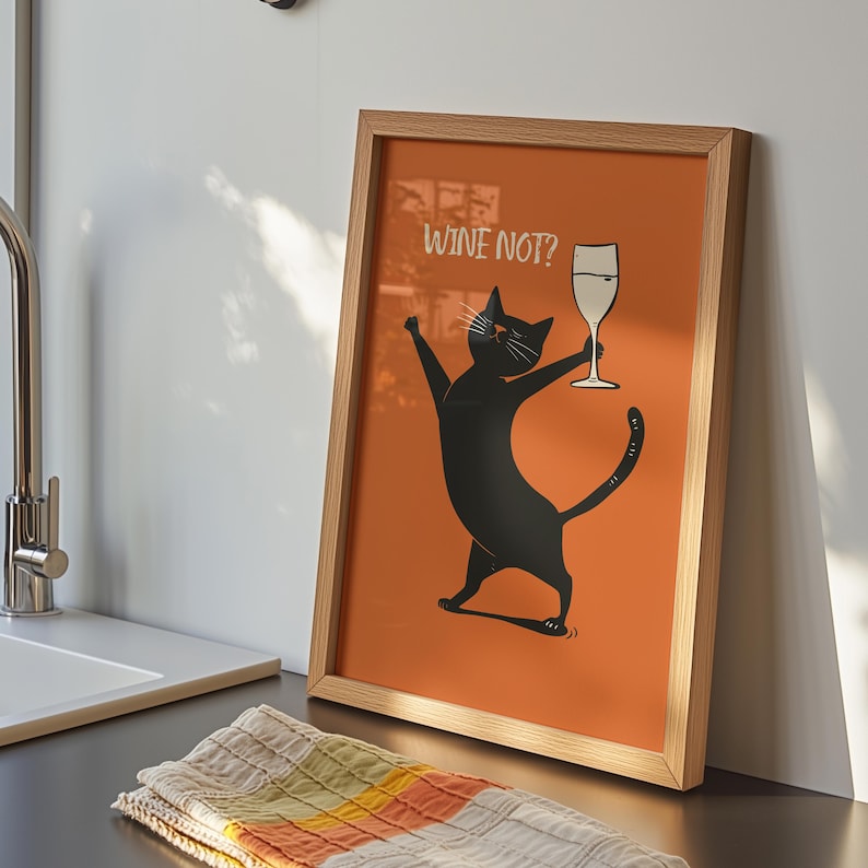 Playful black cat holding a wine glass on an orange background, styled as a funny cat print with minimalist cat art charm, text reads “WINE NOT?”