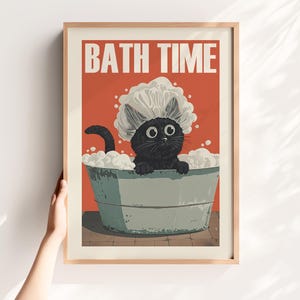 Bath Time Cat Bathroom Print – Cute Cat Bathroom Wall Art, Funny Toilet Decor, Black Kitten Digital Print Download