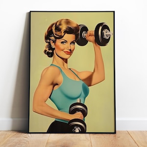 Retro Female Gym Poster Printable Wall Art Gym Motivation Poster Workout Room Art Home Gym Wall Prints Fitness Girl Art Dumbbell Art Print