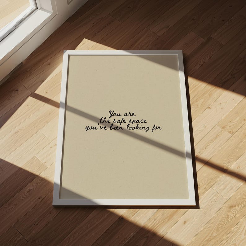 Minimalist typography on a beige background with the text: "This is a safe space, you are allowed to be yourself here."