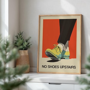 No shoes Upstairs Printable Funny Entryway Wall Art Retro Print No Shoes Inside Please Print Download Entrance Sign Retro Poster Shoes Off