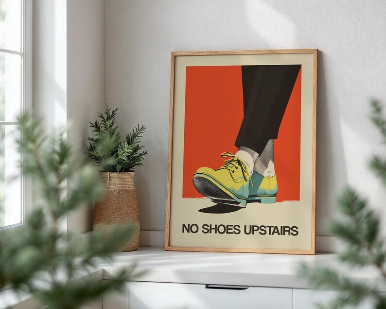 No shoes Upstairs Printable Funny Entryway Wall Art Retro Print No Shoes Inside Please Print Download Entrance Sign Retro Poster Shoes Off