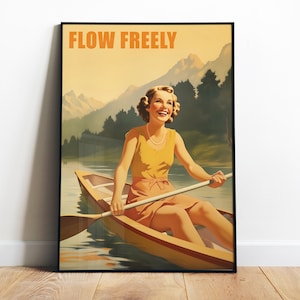 Retro Canoeing Poster Printable Kayak Art Print Rafting Digital Print Traveling Wall Art Canoe Poster Kayaking Print Vintage Kayaking Girl