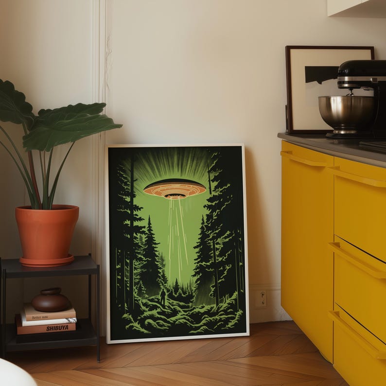 Midcentury Modern style Ufo in the forest print, retro sci-fi poster for nostalgic apartment decor.