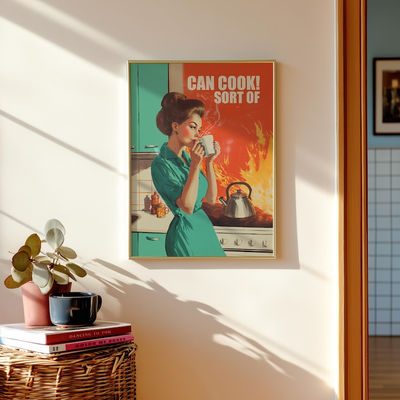 Fun Kitchen Posters Funny Kitchen Poster Coffee and Fire Retro Cooking Print Trendy Wall ...