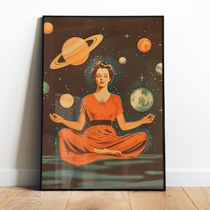 Stampa artistica di meditazione cosmica retrò - Stampa digitale di una donna yoga spirituale nello spazio, stampa artistica di una ragazza yoga, poster di yoga da parete per studio