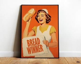 Retro Kitchen Wall Art Funny Style 50s 60s Poster Funny Prints Retro Happy Housewife Art Retro Kitchen Poster Digital Breadwinner Poster