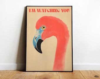 Retro Print Flamingo Wall Art Minimalistic Bird Funny Poster I'm Watching You Poster Bathroom Print Flamingo Poster Digital Bathroom Art