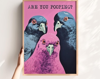 Funny Bathroom Poster Are You Pooping Print Funny Pigeon Art Print Purple Toilet Wall Art Pink Bathroom Digital Print Pigeons Funny Posters