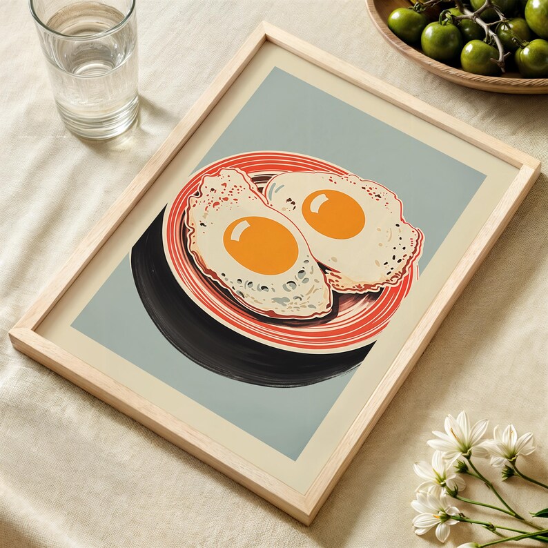 Digital illustration of two fried eggs on a red striped plate with a blue background, styled as mid mod kitchen and pop art egg decor for quirky breakfast wall art.