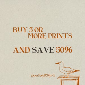Puede incluir: Una impresi&oacute;n gr&aacute;fica de color beige claro con el texto naranja BUY 3 OR MORE PRINTS AND SAVE 50% con la palabra SAVE en negro. Debajo del texto hay un dibujo lineal de una gaviota sobre un peque&ntilde;o taburete de madera con el texto Annoyingseagull.