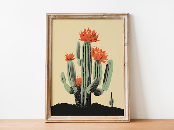 Blooming Cactus Print Southwest Wall Art Hallway Midcentury Style Digital Download