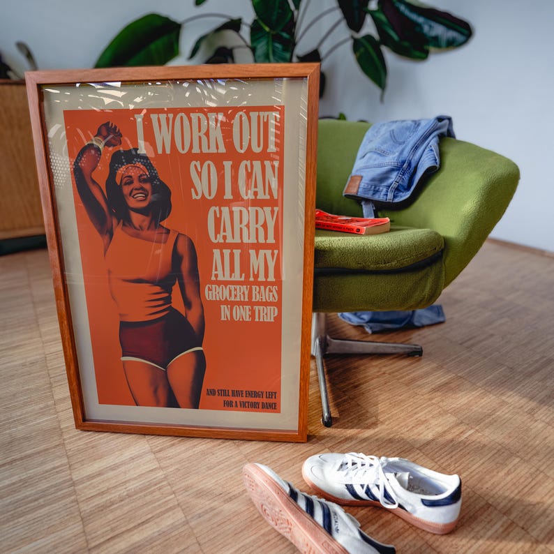 Orange retro vibe art workout poster with strong female figure and quote — motivational poster, gym wall art, home gym decor.