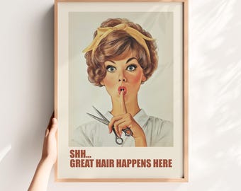Retro Salon Wall Art – Funny Hairdresser Poster Vintage Style Digital Print for Beauty Room