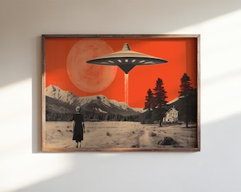 UFO-poster retro scifi-kunst buitenaardse invasie samenzwering jaren 1950 wanddecoratie (digitale download)