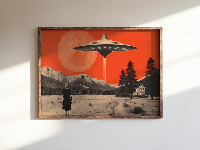 Vintage-style desert scene with a woman facing a hovering UFO near a small house, designed as a UFO poster with retro sci fi art and alien invasion art appeal.