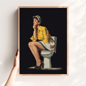 Funny retro style black and yellow toilet wall art with a retro pin-up lady sitting on a toilet, designed as funny bathroom art for restroom wall decor. Funny bathroom decor idea, mast have for your bathroom decor.