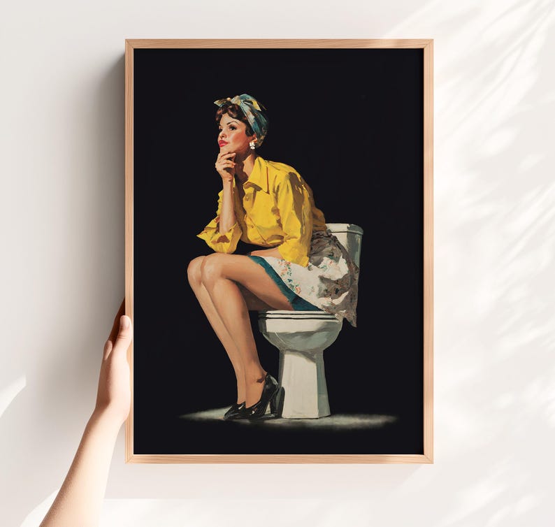 Funny retro style black and yellow toilet wall art with a retro pin-up lady sitting on a toilet, designed as funny bathroom art for restroom wall decor. Funny bathroom decor idea, mast have for your bathroom decor.
