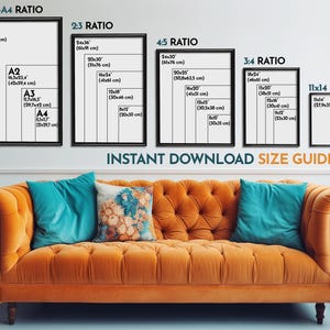 May include: A size guide for instant download art prints, with various aspect ratios and sizes, including 11x14 inches. The guide is displayed above an orange tufted sofa with teal and floral pillows. The text "INSTANT DOWNLOAD SIZE GUIDE" is also visible.