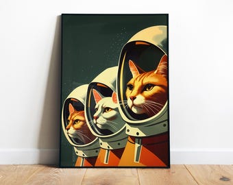 Retro Space Cats Print Astronaut Cat Poster Soviet Space