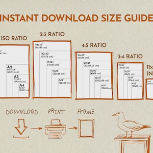 May include: An instant download size guide chart with brown text and outlines on a light background. It displays various paper ratios including 5:7 ISO, 2:3, 4:5, 3:4, and 11x14 inch sizes with specific dimensions in inches and centimeters listed.