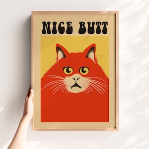 Funny Cat Bathroom Wall Art – “Nice Butt” Retro Cat Print, Funny Printable Decor for Toilet or Restroom, Red Yellow Cat Digital Print