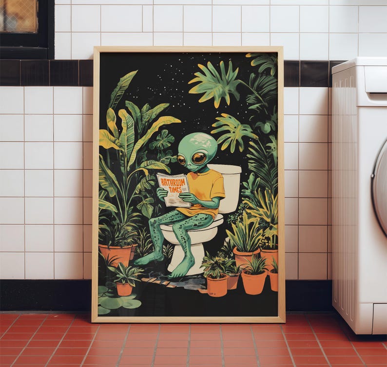 Funny Alien Bathroom Print Sci-fi Toilet Art Green Black Guest Loo ...