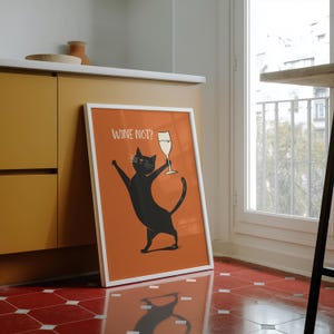 Playful black cat holding a wine glass on an orange background, styled as a funny cat print with minimalist cat art charm, text reads “WINE NOT?”