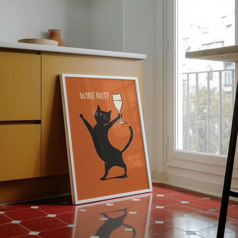 Playful black cat holding a wine glass on an orange background, styled as a funny cat print with minimalist cat art charm, text reads “WINE NOT?”