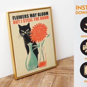 Black Cat Poster Printable Retro Cat Art Cute Kitten Illustration Cat ...