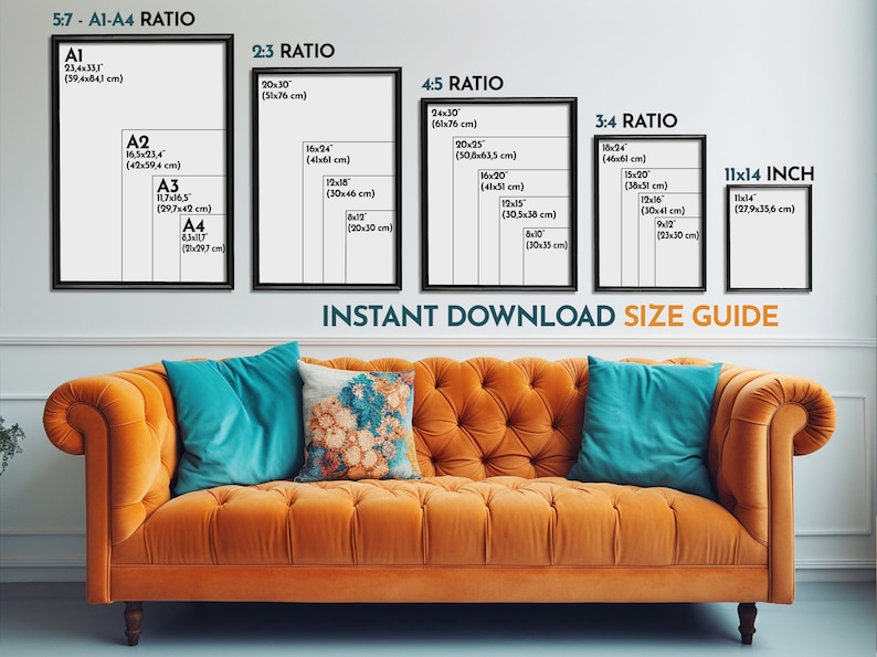 Pu&ograve; includere: Un muro bianco con un poster incorniciato nero che mostra diverse dimensioni di arte stampabile con misure in pollici e centimetri. Il poster &egrave; intitolato "Guida alle dimensioni del download istantaneo".
