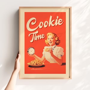 Cookie Time Poster – Retro Kitchen Wall Art, Funny Dessert Print, 1950s Baking Art, Digital Download for Cookie Lovers Cute Cafe Decor