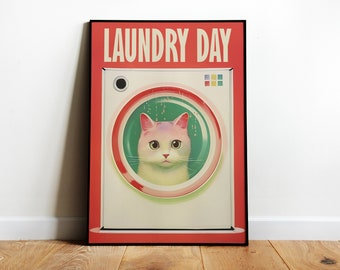 Laundry Room Art Laundry Day Art Print Funny Bathroom Wall Art Funny Cat Print Download Laundry Wall Decor Retro Print Cute Cat Print