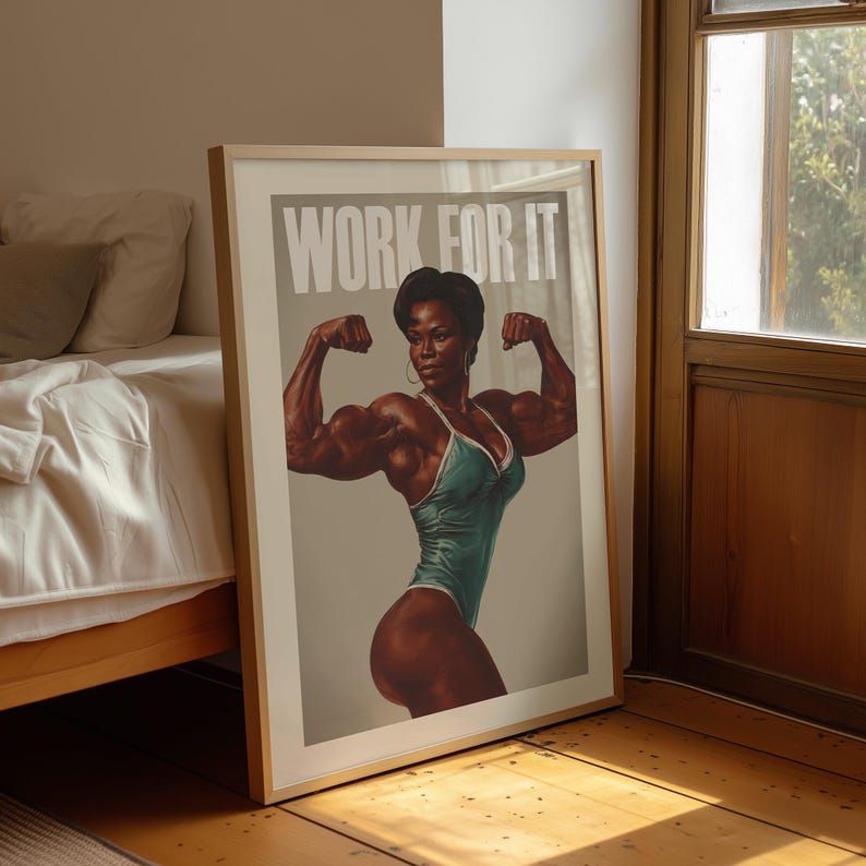 Midcentury Modern Style Gym art print depicting a strong black woman and a motivation quote "Work for it", perfect workout room decor for women.