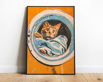 Retro Funny Laundry Cat Poster Printable Laundry Wall Art Bathroom Poster Retro Cat Digital Print Orange Laundry Room Art Utility Room Print