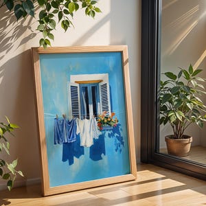 Blue Laundry Art Digital Print Utility Room Art Colourful Italy Art Farmhouse Wash Art Wash Room Decor Clotheline Art Hanging Laundry Print