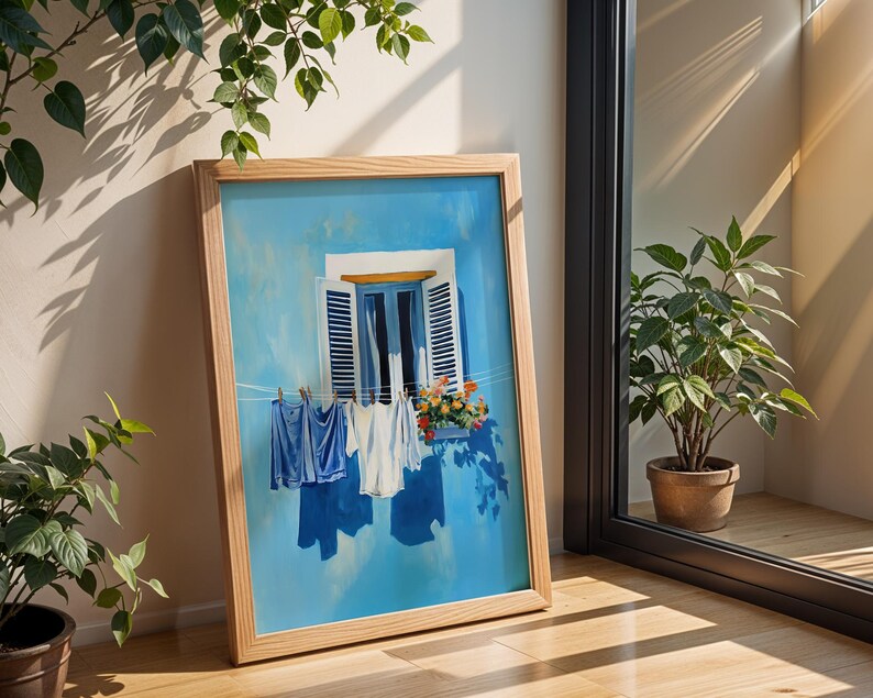 Blue Laundry Art Digital Print Utility Room Art Colourful Italy Art Farmhouse Wash Art Wash Room Decor Clotheline Art Hanging Laundry Print