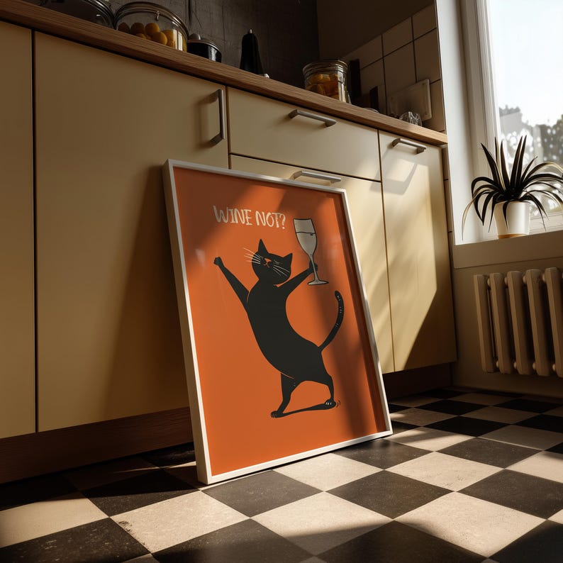 Playful black cat holding a wine glass on an orange background, styled as a funny cat print with minimalist cat art charm, text reads “WINE NOT?”