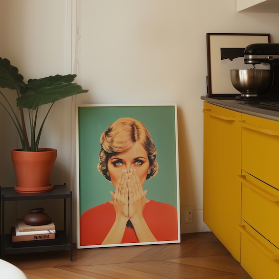 Funny Toilet Poster of Retro Woman Holding Nose Kitsch Stinky Bathroom Art (Digital Download)