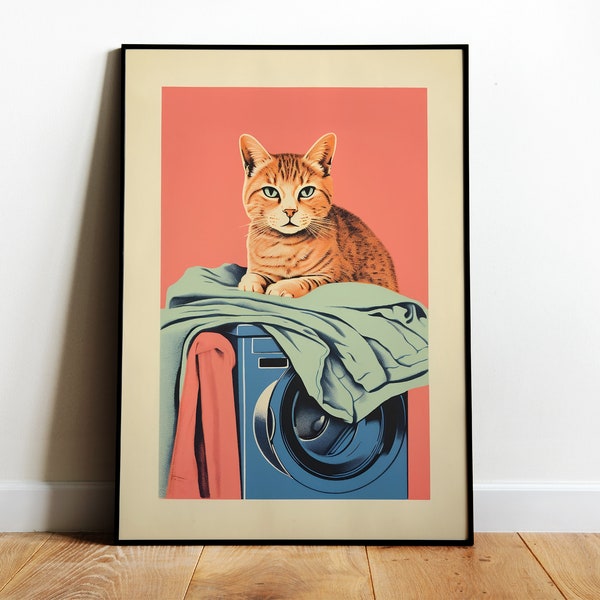 Laundry Day Print Retro Cat in Bathroom Prints Funny Laundry Room Digital Laundry Wall Art Utility Room Print Pink Toilet Poster Cat Toilet