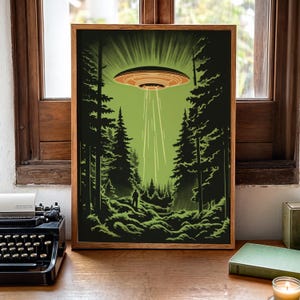Midcentury Modern style Ufo in the forest print, retro sci-fi poster for nostalgic apartment decor.