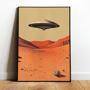 Retro Ufo Poster Alien Wall Art UFO Retro Print Hovering Ufo Flying Saucer Print Ufo over the Desert Art 1950s Ufo Art Alien Aesthetic Art