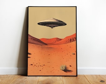 Retro Ufo Poster Alien Wandkunst UFO Retro Print Schwebendes Ufo Fliegende Untertasse Print Ufo über der Wüste Kunst 1950er Jahre Ufokunst Alien Ästhetische Kunst