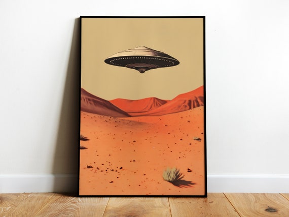 Retro Ufo Poster Alien Wall Art UFO Retro Print Hovering Ufo Flying Saucer Print Ufo over the Desert Art 1950s Ufo Art Alien Aesthetic Art