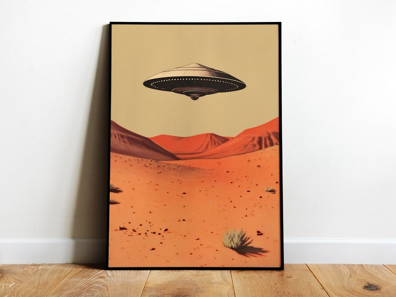 Retro Ufo Poster Alien Wall Art UFO Retro Print Hovering Ufo Flying Saucer Print Ufo over the Desert Art 1950s Ufo Art Alien Aesthetic Art